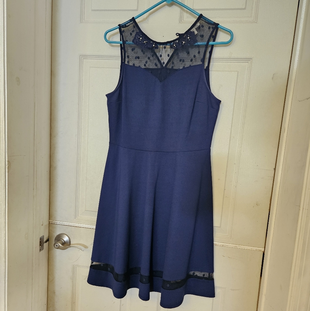 Elegant Navy Blue Dress with Sheer Polka Dot Detail